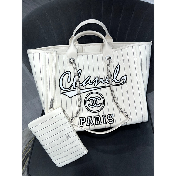 Chanel 23P Deauville White Ecru Black Stripe Large Shopping 30cm Handle Tote Bag - Picture 3 of 10